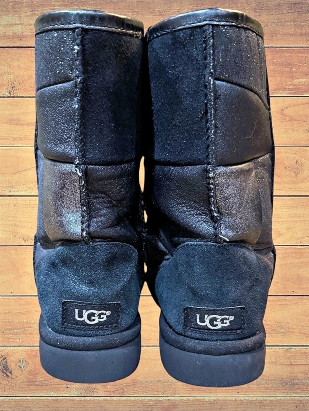 UGG Classic Short Black Glitter Patchwork Suede Leather Boots Size 8 GUC - Picture 7 of 16